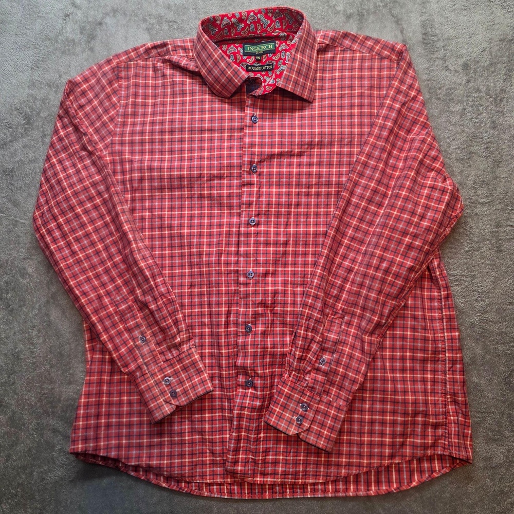 Inserch Button Up Shirt Mens 2XL Red Plaid Long Sleeve Contrast Trim Cotton